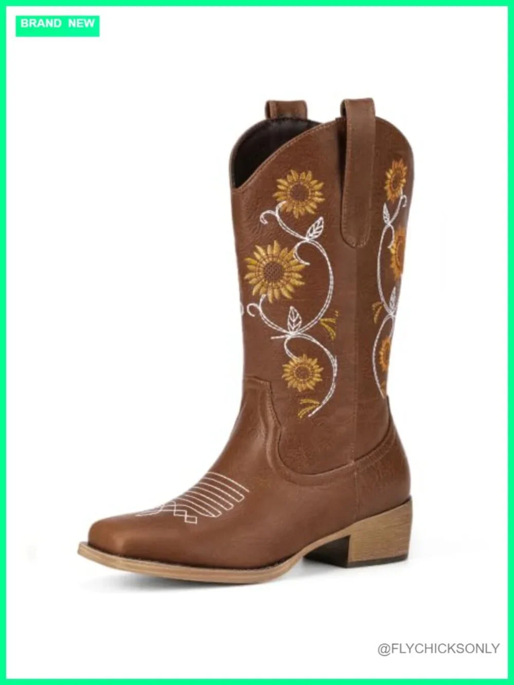 Mid Calf Western Cowgirl Boots with Sunflower Embroidery Square Toe Pull On